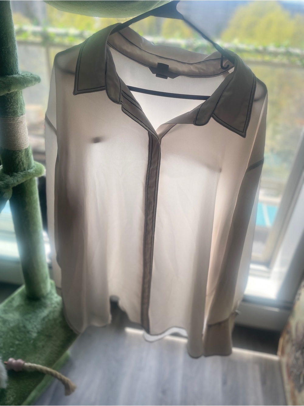 H&M Sheer Cream Button-Down Blouse with Contrast Trim